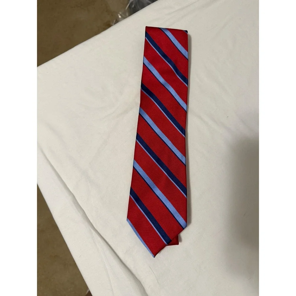Chaps Mens Red Navy Blue Striped Silk Necktie Classic Repp Stripe Tie